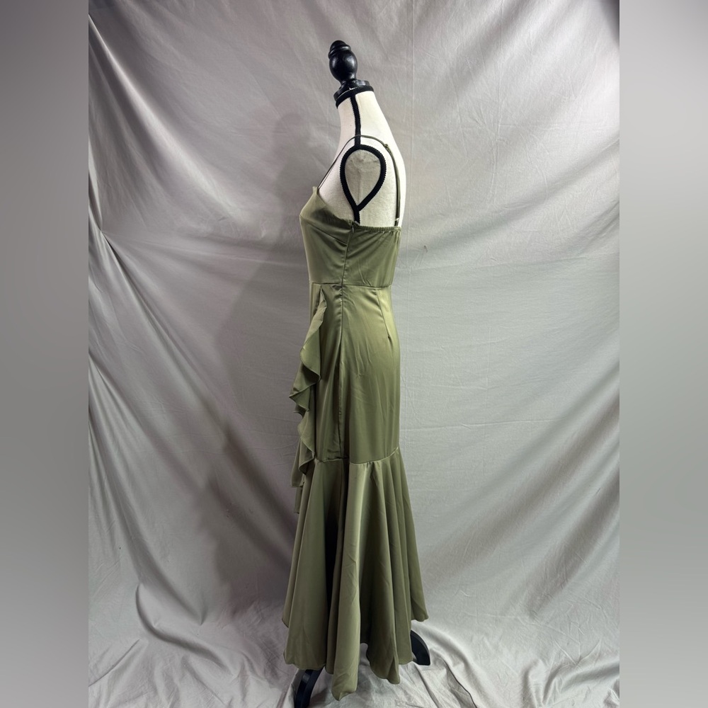 Asymmetrical Hem Ruffle Trim Spaghetti Strap Dress Green - Picture 13 of 14